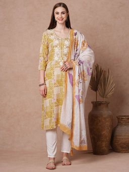 FASHOR - Mustard Printed and Embroidered Kurta with Pant and Dupatta (Set of 3)