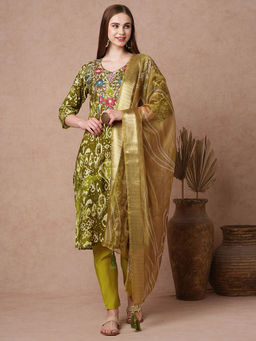 FASHOR - Ikat Printed and Embroidered Straight Kurta with Pant and Dupatta (Set of 3)