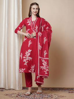 FASHOR - Red Floral Printed Straight Kurta with Pant and Dupatta (Set of 3)