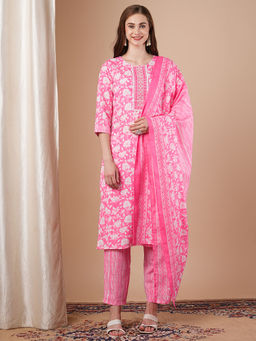 FASHOR - Pink Floral Printed Straight Kurta with Pant and Dupatta (Set of 3)