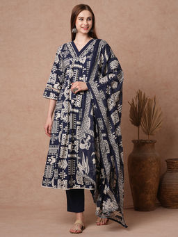 FASHOR - Navy Blue Printed and Embroidered A-Line Kurta with Pant and Dupatta (Set of 3)
