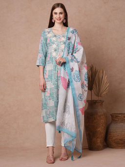 FASHOR - Blue Printed and Embroidered Kurta with Pant and Dupatta (Set of 3)
