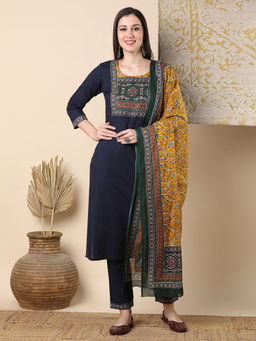 FASHOR - Navy Blue Printed and Embroidered Kurta with Pant and Dupatta (Set of 3)