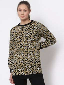 Club York - Women Mustard Yellow Black Animal Printed Pullover Sweatshirt