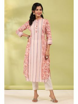 Rain & Rainbow - Women Peach Ethnic Motifs Floral Pure Cotton Kurta