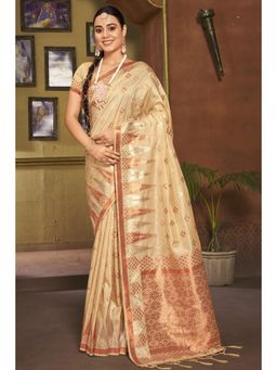 Sangam Prints - Cream Silk Woven Zari Work Traditional Tassel Saree with Unstitched Blouse