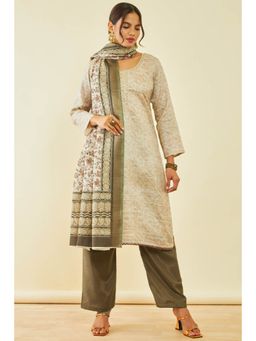 Soch - Womens Tussar Olive Abstract Print Dress Material with Beads and Stones (Set of 3)