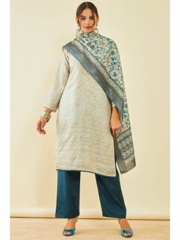 Soch - Womens Tussar Teal Abstract Print Dress Material with Beads and Stones (Set of 3)