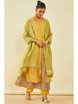 Soch - Womens Mustard Chanderi Embroidered Kurta-Pant and Dupatta with Thread Work (Set of 3)