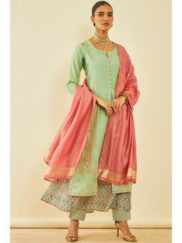 Soch - Womens Sap Green Chanderi Embroidered Kurta-Pant and Dupatta with Thread Work (Set of 3)