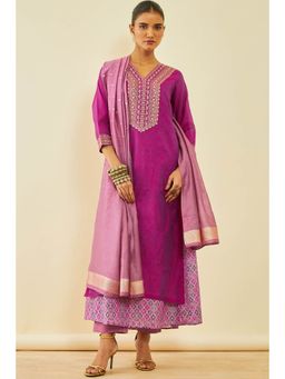 Soch - Womens Magenta Chanderi Embroidered Kurta-Pant and Dupatta with Thread Work (Set of 3)