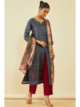 Soch - Womens Charcoal Silk Blend Embroidered Kurta-Pant and Dupatta with Thread Work (Set of 3)