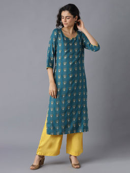Aurelia - Green Printed Kurta-Mustard Palazzo (Set of 2)