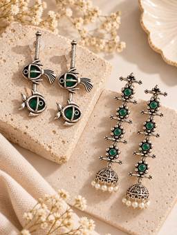 VIRAASI - Women Green Stones No Plating Earrings (Pack of 2)