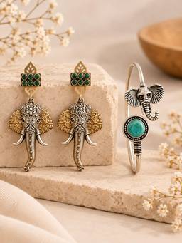 VIRAASI - Women Green Stones No Plating Plated Jewellery Set