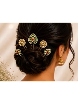 Viana Jewels - Women Multi-Color Stones Brass Plated Hair Pin