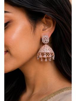 Opal Touch - Women White Stones Rose Gold Plated Pair Of Jhumkas
