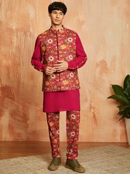 Vastramay - Mens Cotton Floral Printed Jacket With Solid Kurta and Pyjama (Set of 3)