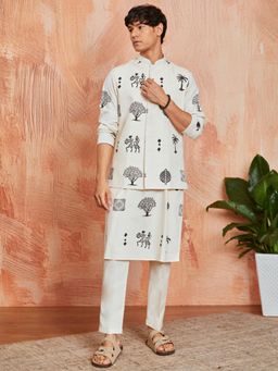 Vastramay - Mens Cotton Block Printed Nehru Jacket With Kurta Pyjama (Set of 3)