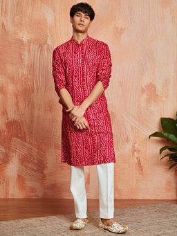 Vastramay - Mens Rayon Bandhani Printed Kurta With Pant (Set of 2)