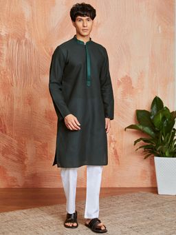Vastramay - Mens Cotton Self Design Embroidered Collar Kurta With Pyjama (Set of 2)