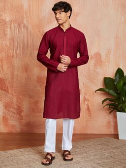 Vastramay - Mens Cotton Self Design Embroidered Collar Kurta With Pyjama (Set of 2)