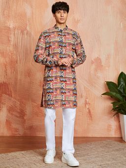 Vastramay - Mens Cotton Ajrakh Hand Block Printed Kurta With Pyjama (Set of 2)