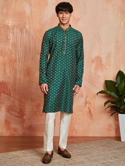 Vastramay - Mens Silk Blend Jacquard Embroidered Collar Regular Kurta With Pant (Set of 2)