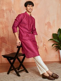 Vastramay - Mens Silk Blend Jacquard Embroidered Collar Regular Kurta With Pant (Set of 2)