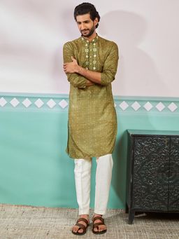 Vastramay - Mens Cotton Silk Bandhani Yoke Embroidered Kurta With Pant (Set of 2)