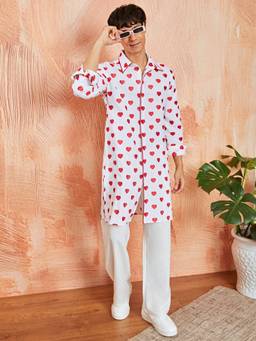 Vastramay - Mens Cotton Heart Embroidered Shirt Collar Kurta With Pant (Set of 2)