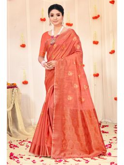 Sangam Prints - Peach Organza Woven Zari Work Traditional Tassel Saree with Unstitched Blouse