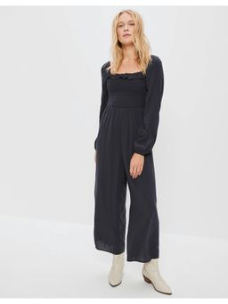 American Eagle - Women Black Smocked Long Sleeve Jumpsuit