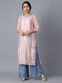 WISHFUL by W - Pink Round Neck Printed Kurta