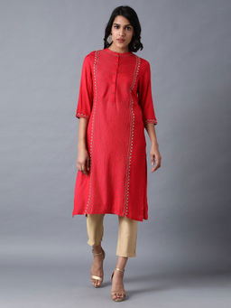 WISHFUL by W - Red Mandarin Neck Embroidered Kurta