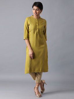 WISHFUL by W - Green Mandarin Neck Embroidered Kurta