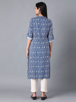 W - Blue Mandarin Neck Printed Kurta