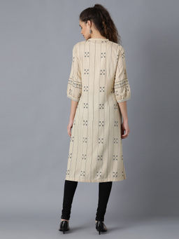 W - Beige Mandarin Neck Gathered Kurta
