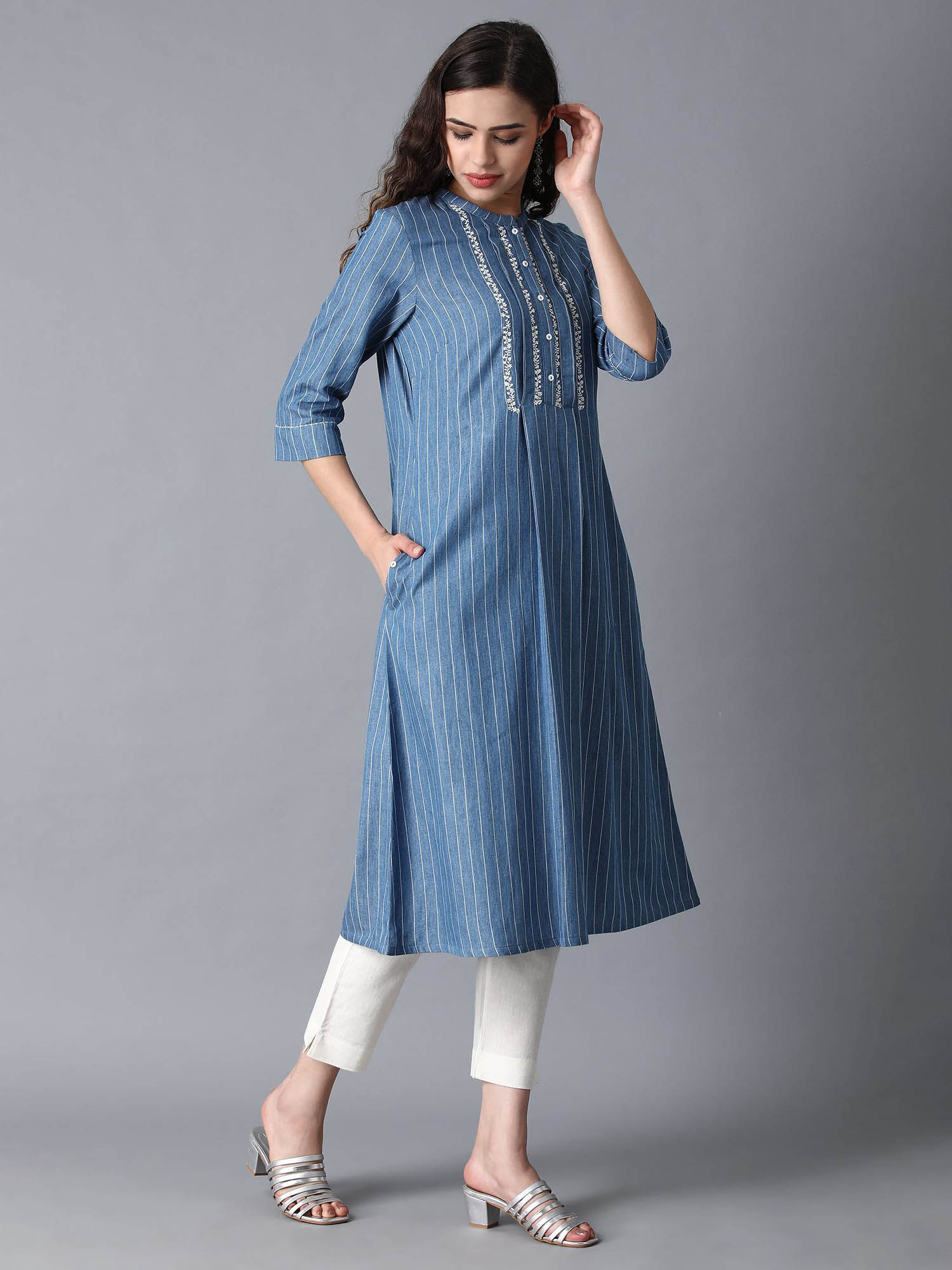 Buy W Blue Cotton Denim Kurta Online 