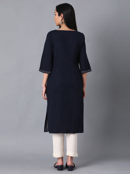 W - Navy Boat Neck Printed Kurta