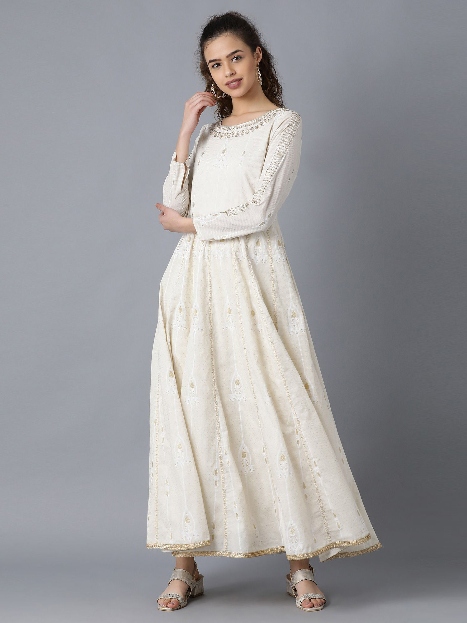White Round Neck Flared Ethnic Dress 