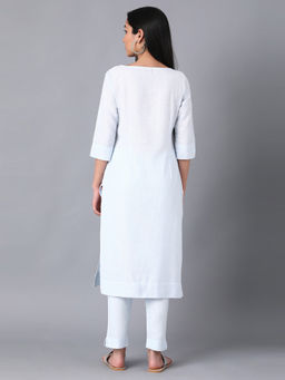 W - Blue Keyhole Neck Solid Kurta