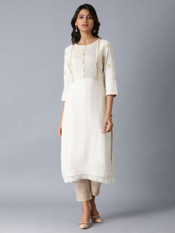 W - Ecru Embroidered Kurta