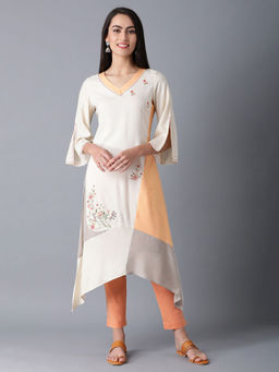 W - Beige Embroidered Kurta