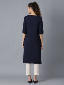 W - Navy Blue Round Neck Solid Kurta