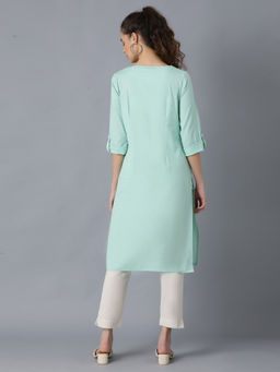 W - Green Round Neck Solid Kurta