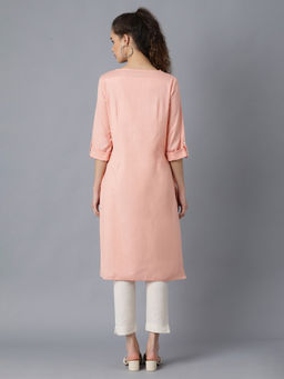 W - Peach Round Neck Solid Kurta