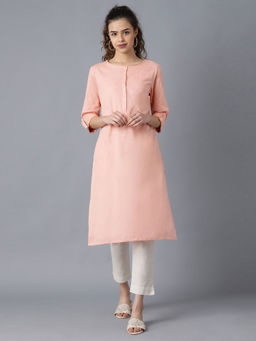 W - Peach Round Neck Solid Kurta