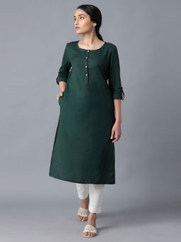 W - Green Round Neck Solid Kurta