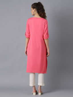 W - Pink Round Neck Solid Kurta
